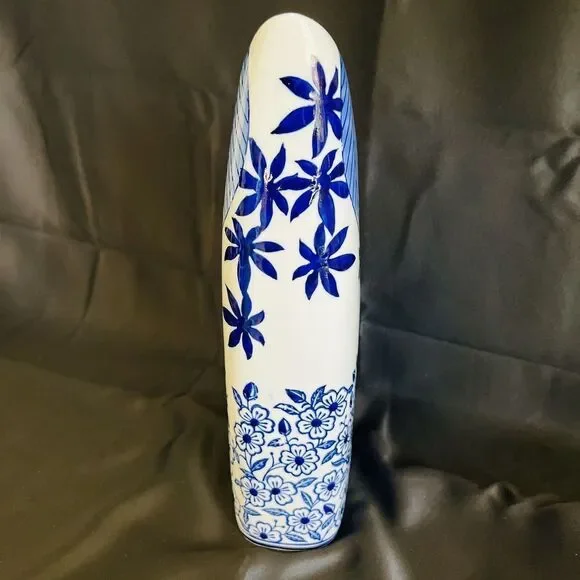 14.5” Tall Blue White Chinoiserie Floral Flower Leaf Porcelain Vase Unique Form